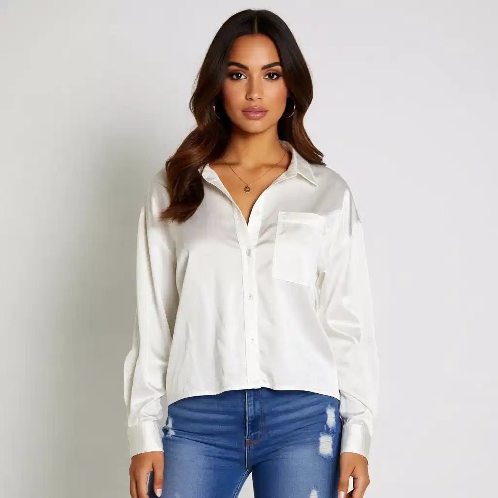 Calvin Klein Jeans Womens White Long Sleeve Cropped Button Down Shirt l NWT